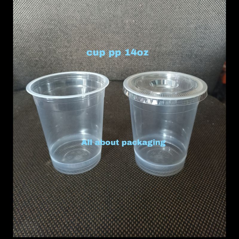 Cup pp 14oz + tutup flat / gelas plastik uk 14oz polycup