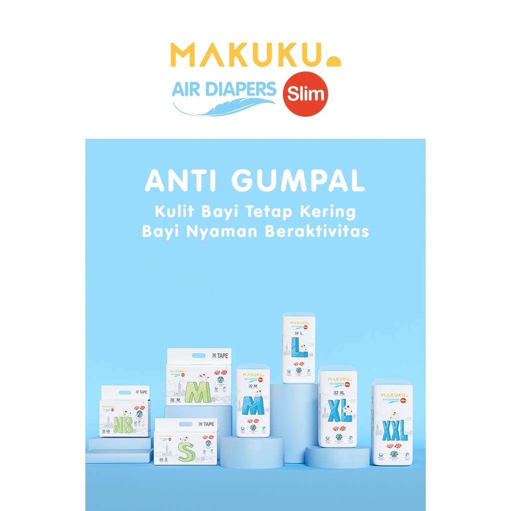 Popok Bayi Tipis Anti Gumpal Cepat Kering Sekali Pakai MAKUKU Air Diapers Slim Tape &amp; Pants Nyaman Dan Lembut