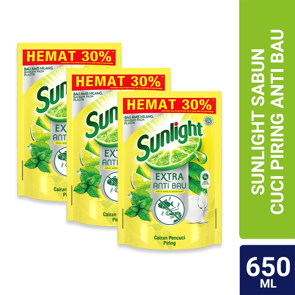 Sunlight Sabun Cuci Piring Cair Refill Extra Anti Bau 650 mL x3