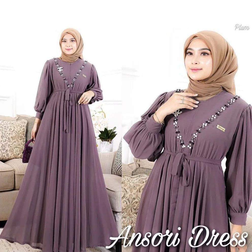 Ansori Dress Gamis Impor Terbaru 2023 / dress Bahan Ceruty Babydoll Aplikasi swaroski Mutiara Tali Pinggang Misah Dress Terbaru Muslim Kekinian Model Gamis Kondangan Lebaran Terbaik 2023