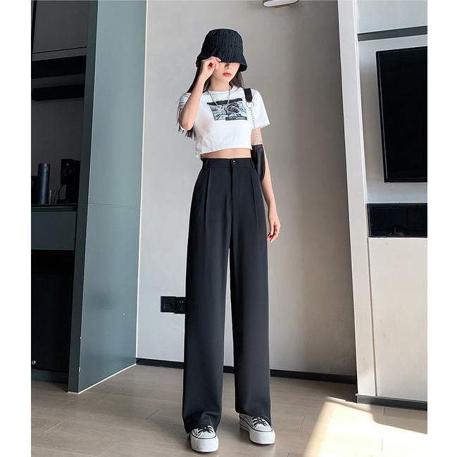 Putih/Hitam Highwaist Loose Kerja Celana Setelan Wanita Korean