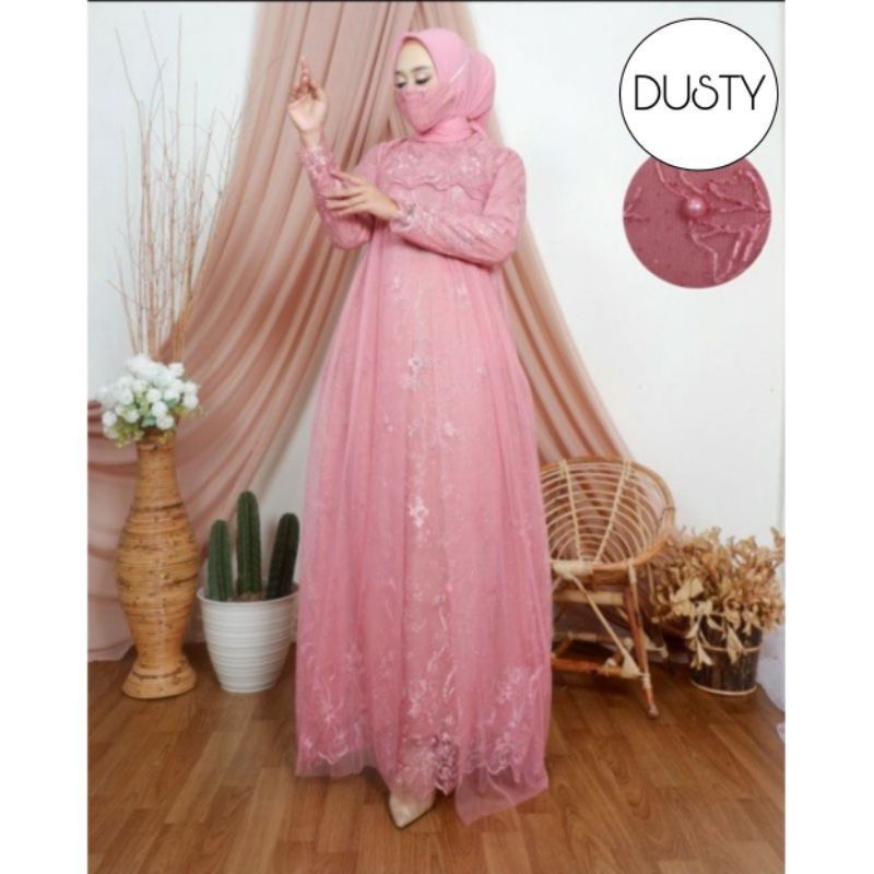 (NEW) ALYA Dress - Bisa COD Baju Gamis Dress Brukat Brokat Bordir Mutiara Tile Remaja Wanita Perempu