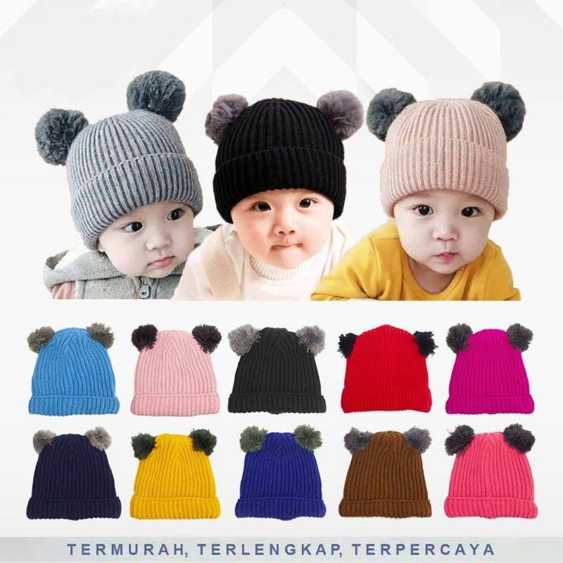 Kupluk pompom bayi / Kupluk Bayi Polos Model Pompom Laki Laki Perempuan Usia 0 - 2 Tahun