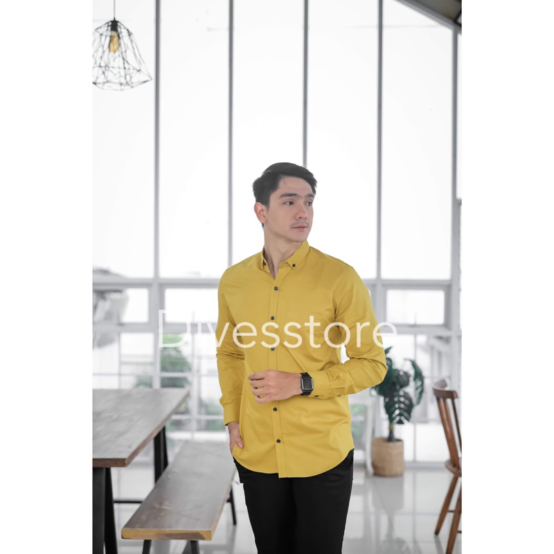 Kemeja pria cowok polos slimfit kasual basic HeM lengan panjang lemon lime