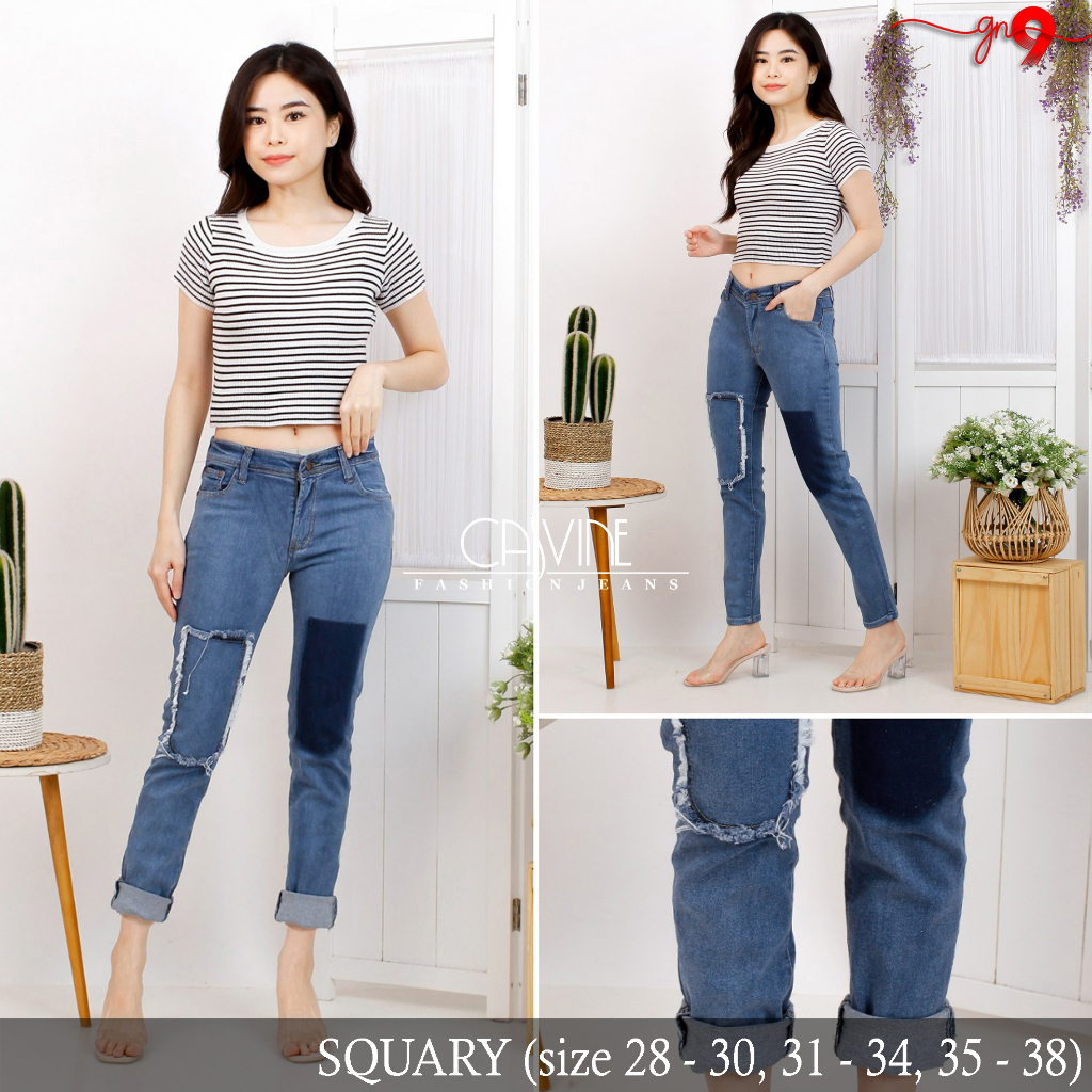 CASVINEJEANS || Celana Jeans Wanita Squary Patch Lipatan Bisa Dibuka Bigsize Jumbo Mom Jeans