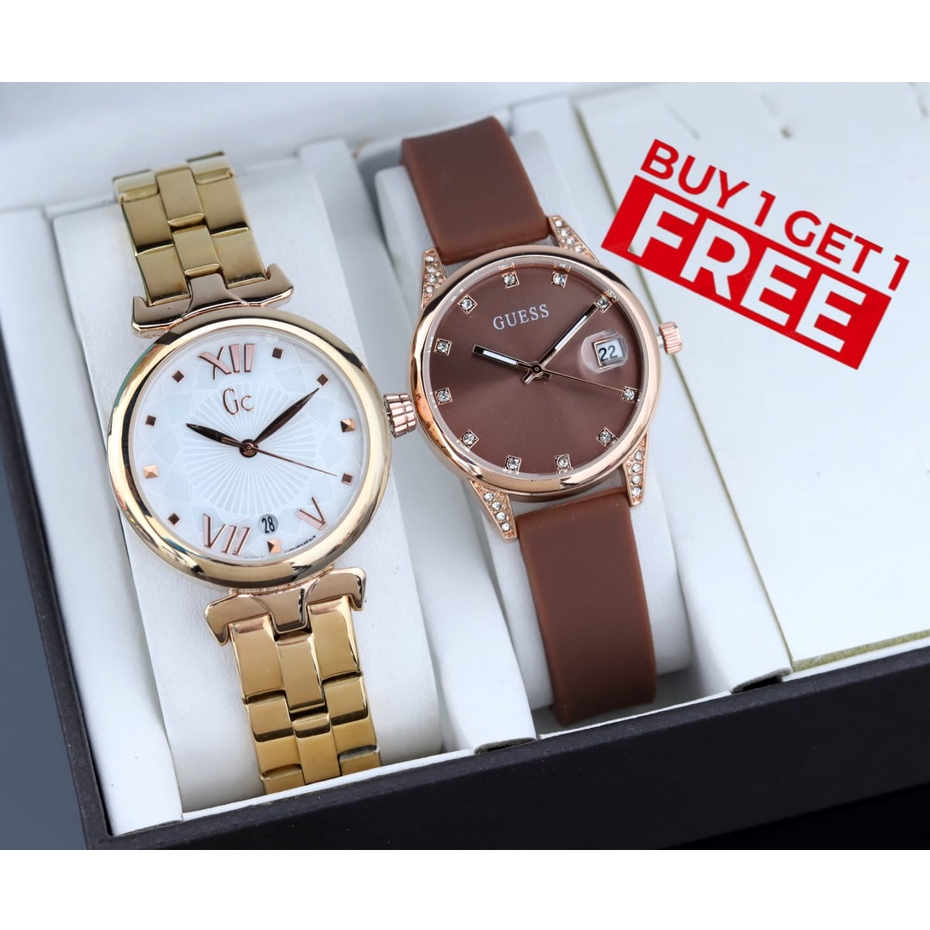 Buy 1 Get 1 Free✅ Jam tangan wanita Strap Karet Dan Strap Stainless Beli 1 Gratis 1 Free Batrai