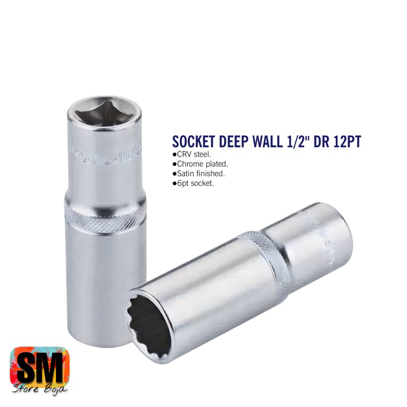 Mata Socket Deep Wall Panjang 1/2 “ inc 8,10,12,14,17,19mm 12PT / kunci sok Lakoni