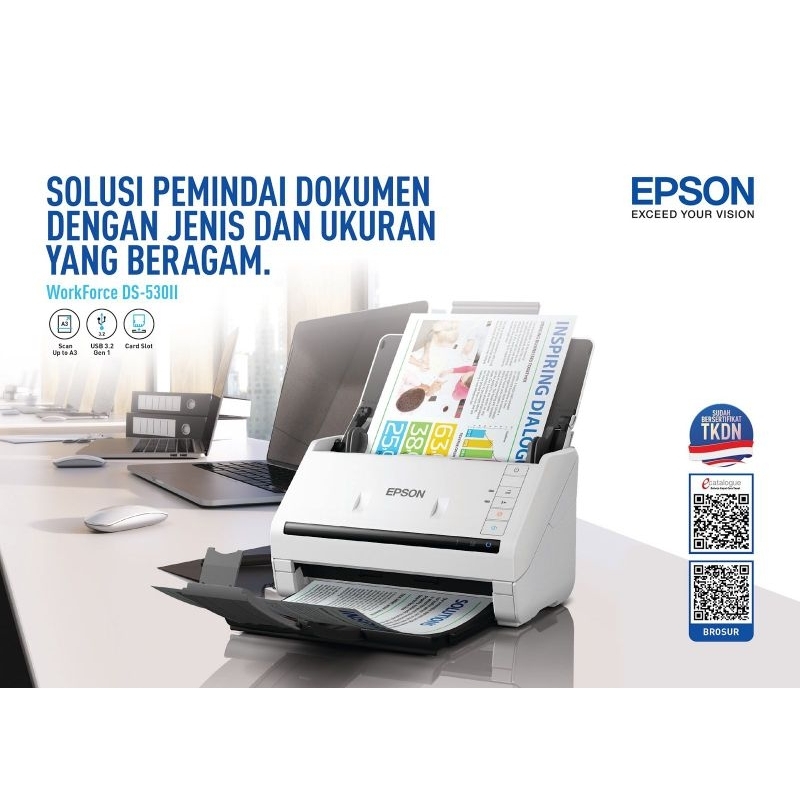 TKDN Epson WorkForce DS-530II A4 Duplex Sheet-fed Document Scanner / A4 Duplex Sheet Fed Colour Scanner Ganti DS530
