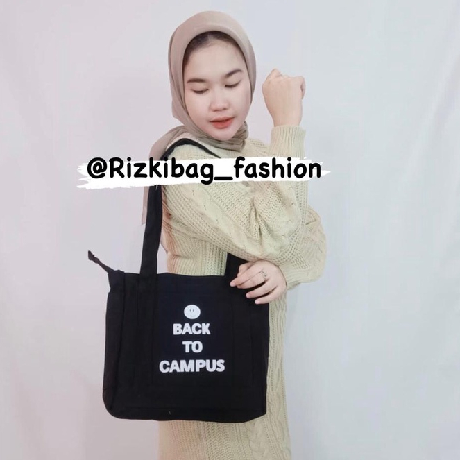 Totebag Wanita Kanvas Aesthestic Resleting Back To Campus Kuliah