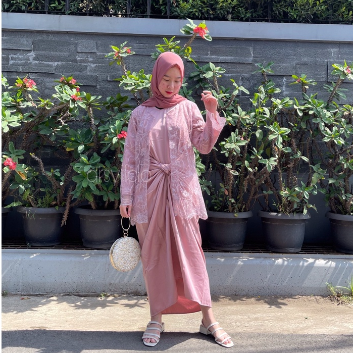 Kaftan Ikat Polos Set Outer Brukat Kaftan Pesta One Set Outer