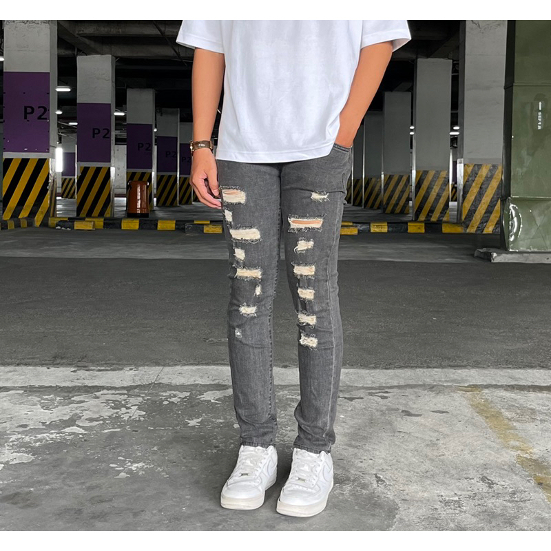 Celana Grey Jeans Ripped / Upset Grey Jeans Ripped Longpants Washed Stretch Slim Fit