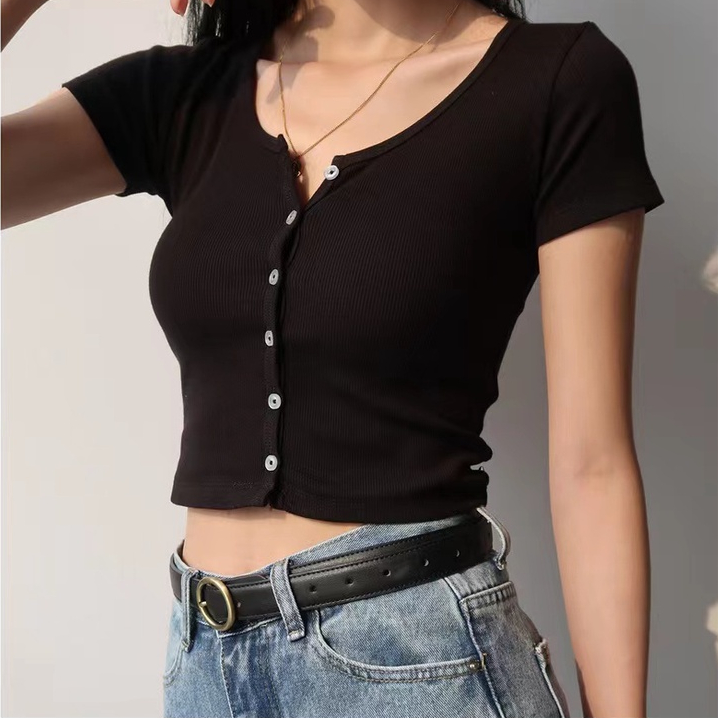 Slim-fit Button Rib-knit Crop Atasan Wanita Lengan Pendek 1558 (S-XL)