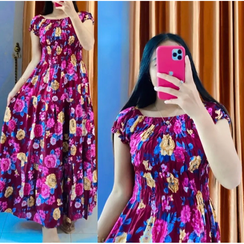 daster panjang smoke canda / long canda dress / rok susun dada kerut jumbo Ld 120