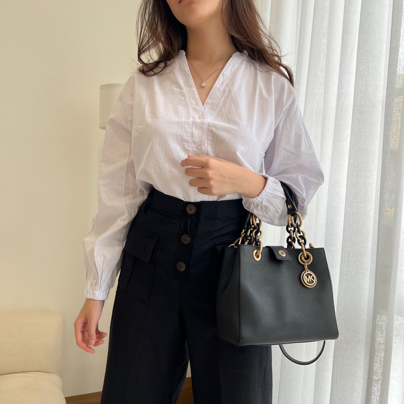 PORONAKA - MEI Linen Basic Button Top Atasan Lengan Panjang Kantor