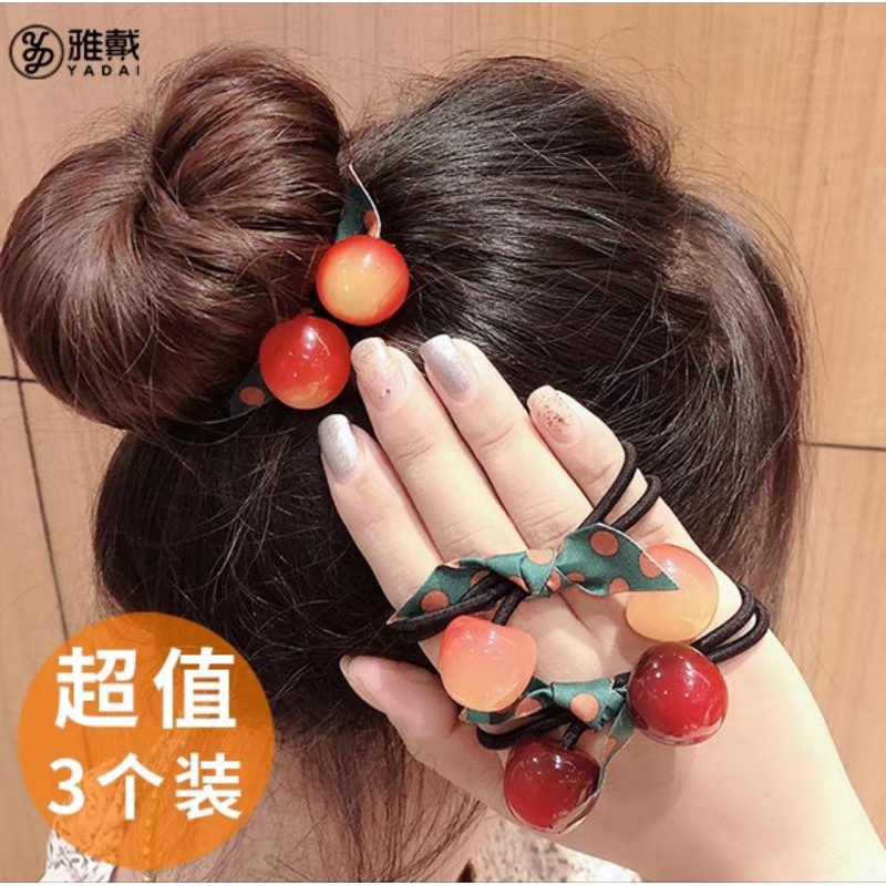 [4Pcs] Ikat Rambut Set Korea 4in1 Bentuk Cherry Gaya Retro / Kuncir Tali Rambut Karet Band Dasi Versi Korea Isi 4Pcs Aksesoris Rambut