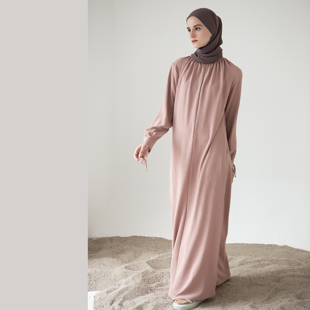 Khansa by Aska Label - Dress wanita polos gamis basic wanita bahan crinkle anti kusut busui friendly warna mocca dusty pink coklat