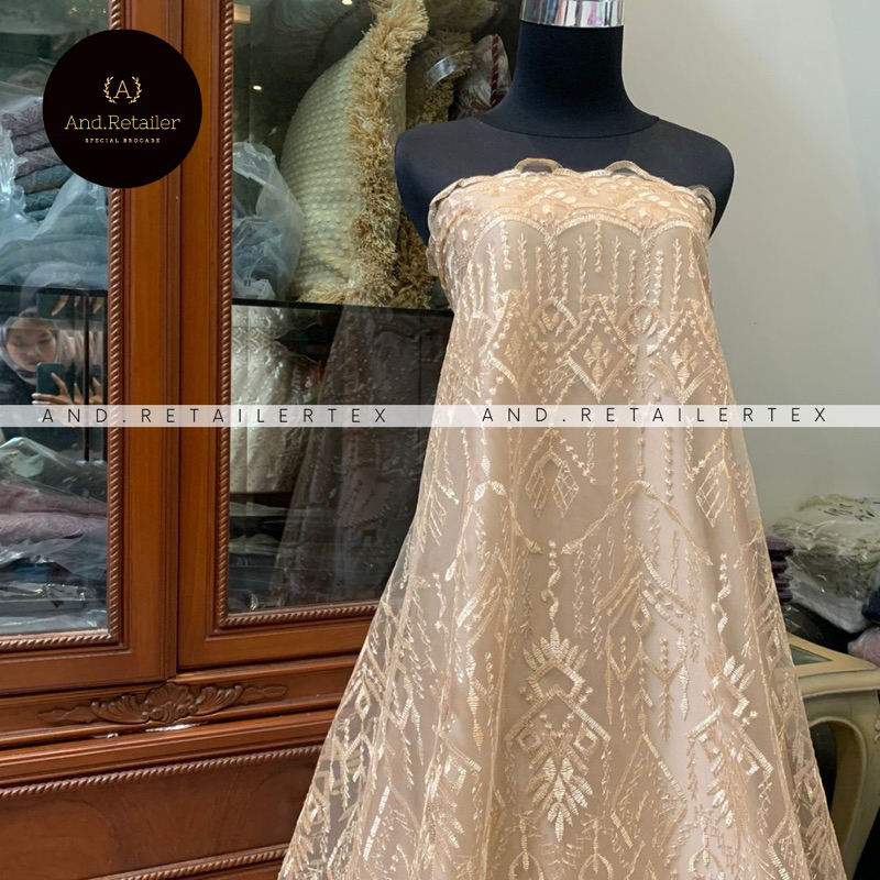 Bahan Kain Kebaya Brokat Tile Bordir Etnic Madeline Warna Gold/Golden Brown