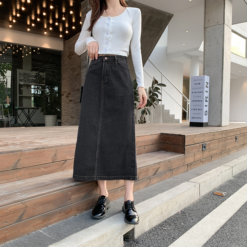 Kelabu hitam A-Line Rok Jeans Wanita Highwaist Rok Jeans Wanita Kembali Split