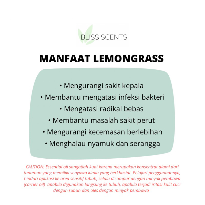 BLISS SCENTS Lemongrass / Sereh Dapur 100ml Essential Oil Aromaterapi 100% Murni Therapeutic Grade Aromatherapy