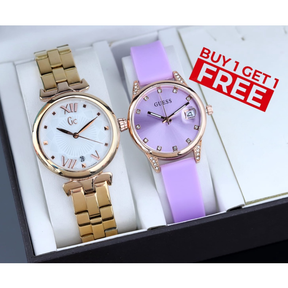 Buy 1 Get 1 Free✅ Jam tangan wanita Strap Karet Dan Strap Stainless Beli 1 Gratis 1 Free Batrai