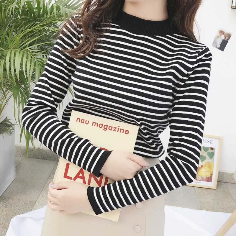 Miss H ~ 229 Pakaian Wanita Baju Atasan Lengan Panjang Import Model Belang 2 Warna Manset Baju Wanita Premium Sweater Keren Ijab