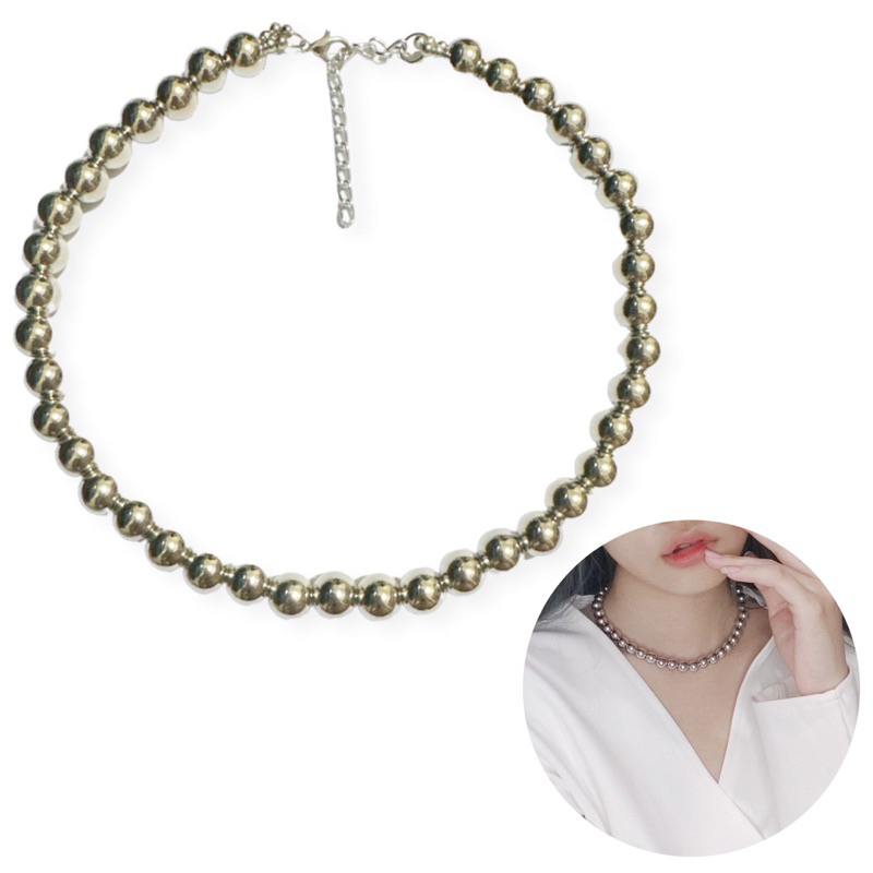 Kalung Choker Basic Silver Metalic Beads Edgy Necklace