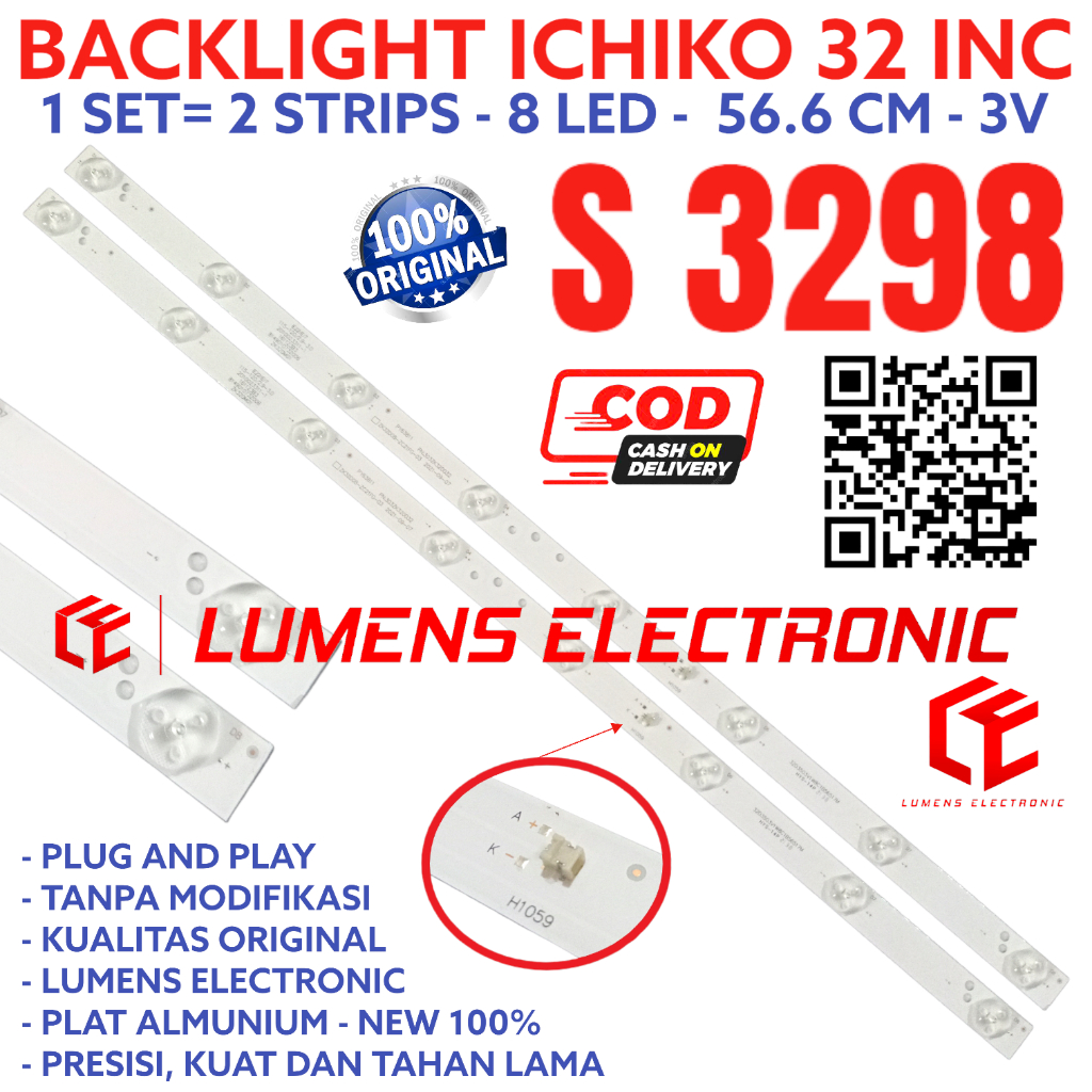 BACKLIGHT TV LED ICHIKO 32 INC S3298 S 3298 LAMPU BL 8K 3V 32INCH 32IN 32INC 8LED 8 KANCING 3 VOLT I