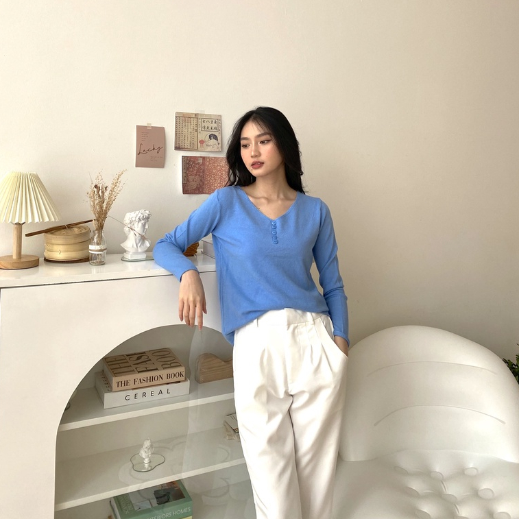 Mei V Neck Long Sleeve - Blouse Vintage Knit - Top Korea Wanita - Atasan Lengan Panjang Wanita