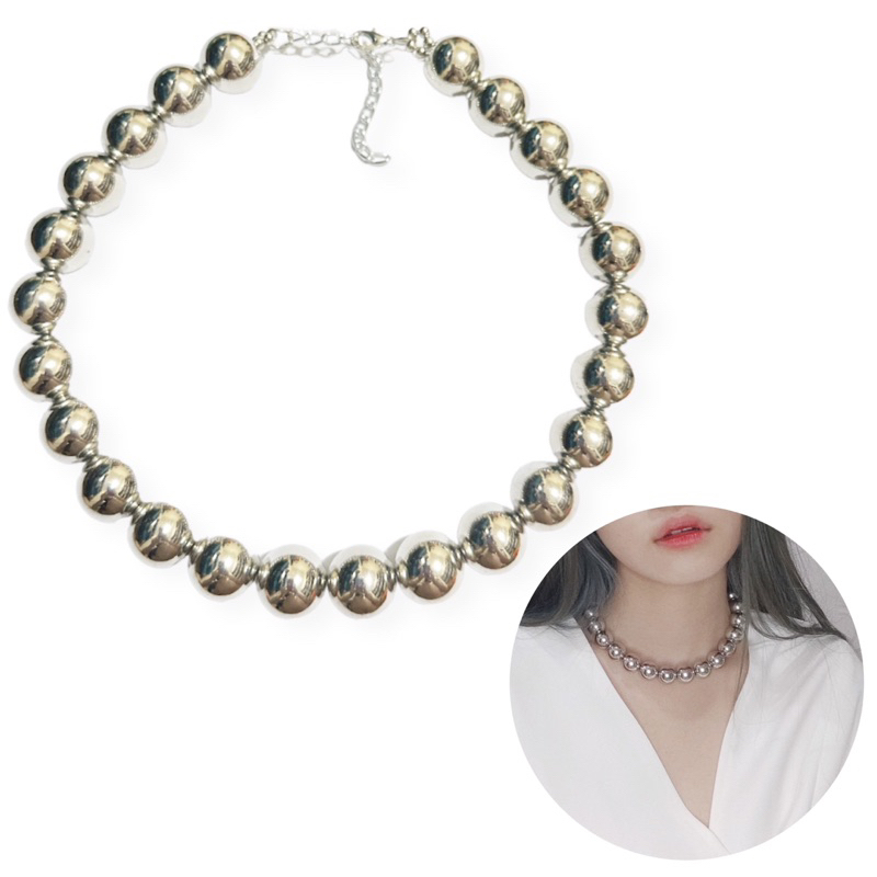 Kalung Choker Basic Silver Metalic Beads Edgy Necklace