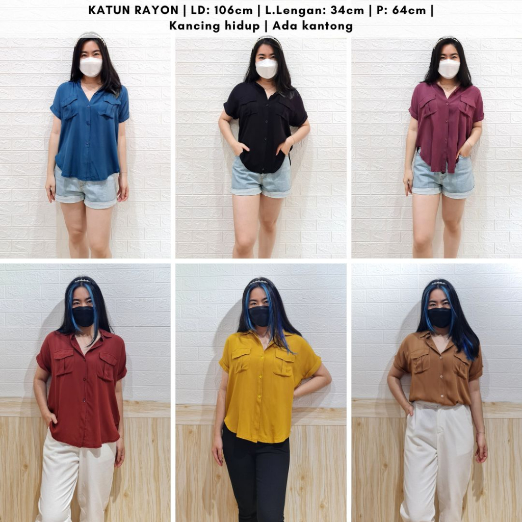 ready 3853 irene button pocket shirt polos kemeja kerja busui friendly