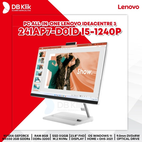 PC AIO LENOVO IC 3 24IAP7-D0ID I5-1240P 8GB 512GB MX550 W11+OHS 23.8&quot;