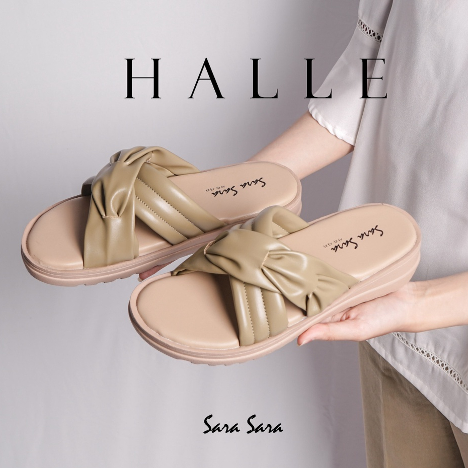 Sara Sara HALLE Sandal Wedges Wanita Kekinian Sendal Slop Hak Platform Cewek Casual Terbaru