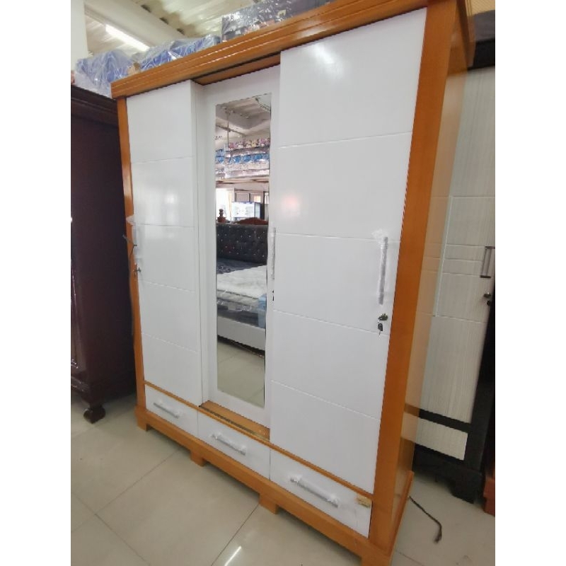 Lemari baju kayu  3 pintu slide Laci rel 9mm