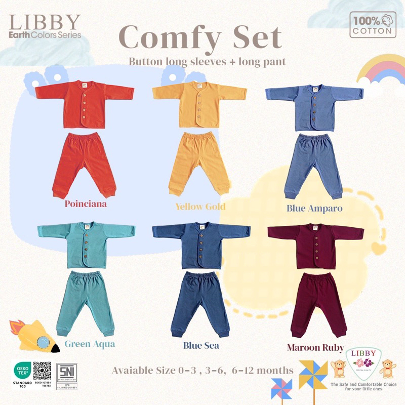 Libby Comfy set Stelan baju panjang kancing depan /piyama bayi Earth colour series