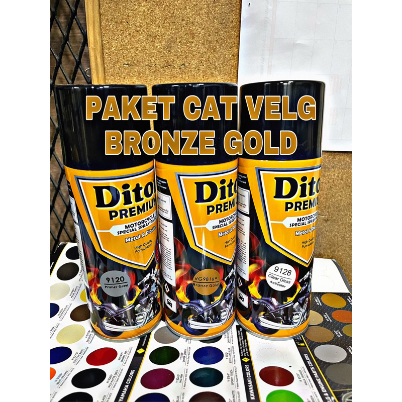PAKET LENGKAP! cat semprot warna BRONZE GOLD ( cukup untuk cat 1 pasang velg motor ) - diton premium