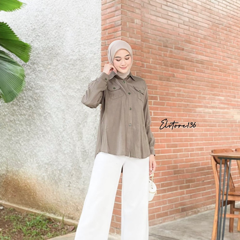 Kemeja Polos Rayon Twill Neti Shirt Atasan Wanita Kancing Full Hidup Saku Depan OOTD Remaja Dewasa Kekinian