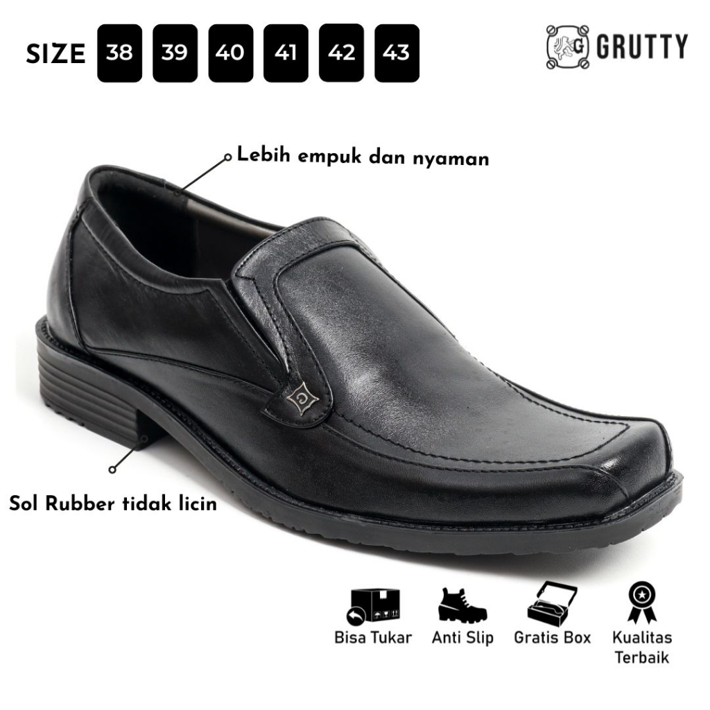 Sepatu Pria Formal Pantofel Kerja Tanpa Tali Kulit Asli  Grutty DC004 Hitam