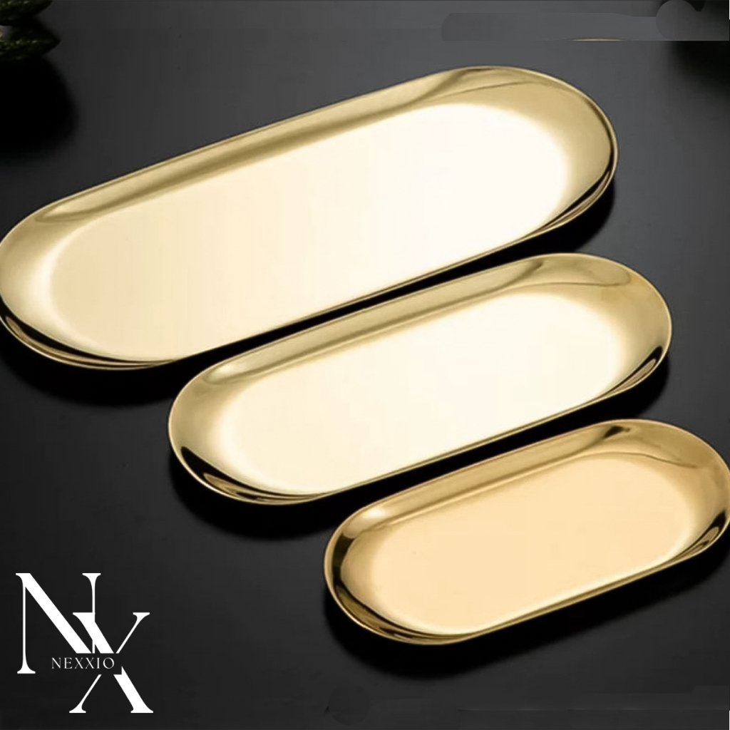 NEXXIO Nampan Gold Dekorasi / Nampan Oval Emas / Tray Gold Oval Pajangan Dekorasi rumah.