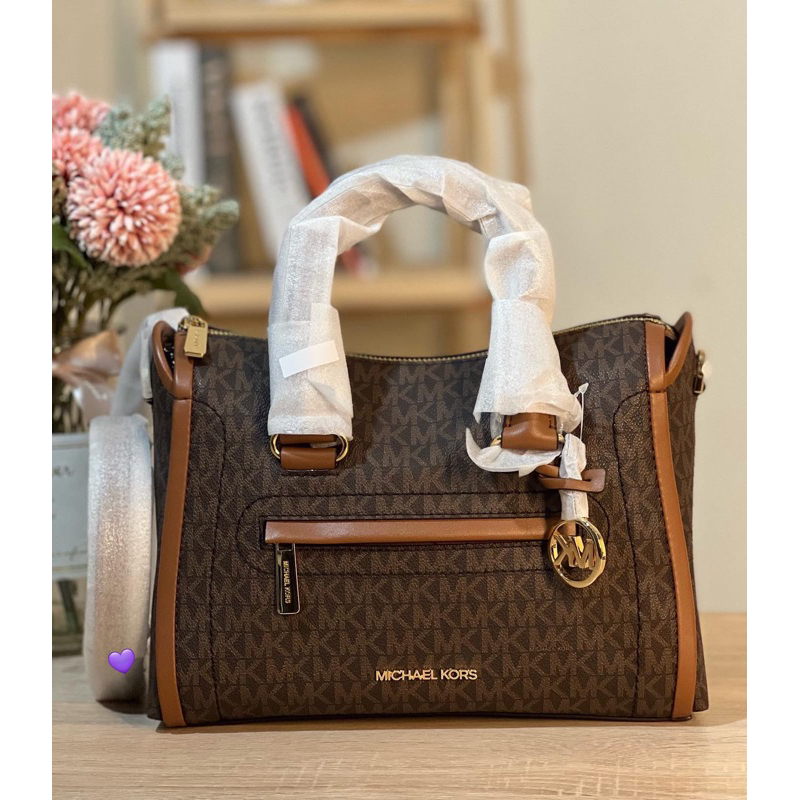 MK Carine Medium Satchel Sign Brown