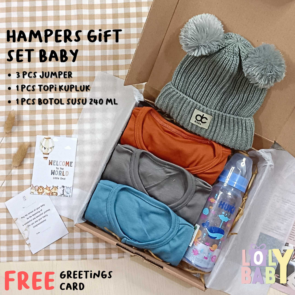 Hampers Baby Gift Set ( 22 cm ) 3 Pcs Jumper Bayi 1 Pcs Botol Susu 240 ML 1 Pcs Topi Kupluk Rajut LOLY BABY