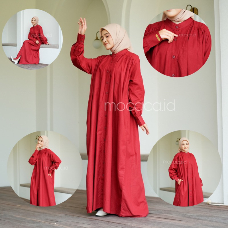 Dress gamis merah maroon Elegan Ootd Hijabers bahan katun linen rami lengan kancing casual klasik dovey