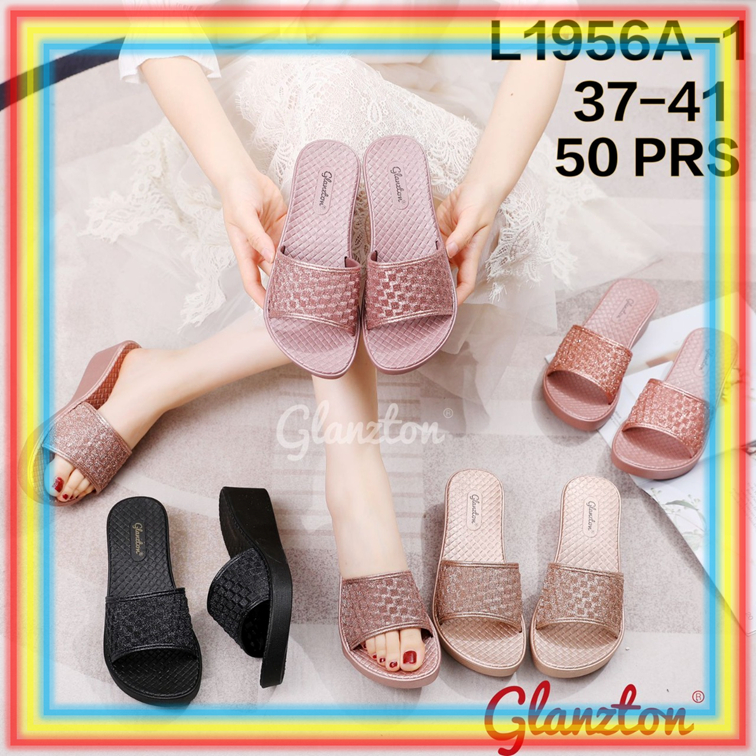 L1956A1 Sandal Selop Wedges Wanita Gliter Glanzton Sendal Slop Cewek Glitter Motif Kotak Glanzton