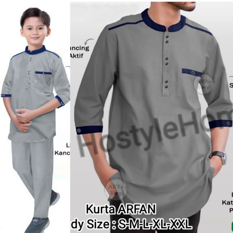 (NEW) KURTA ARFAN - Baju Kemeja KURTA Koko Couple Ayah dan Setelan Anak Pria Laki Muslim Lengan Tang