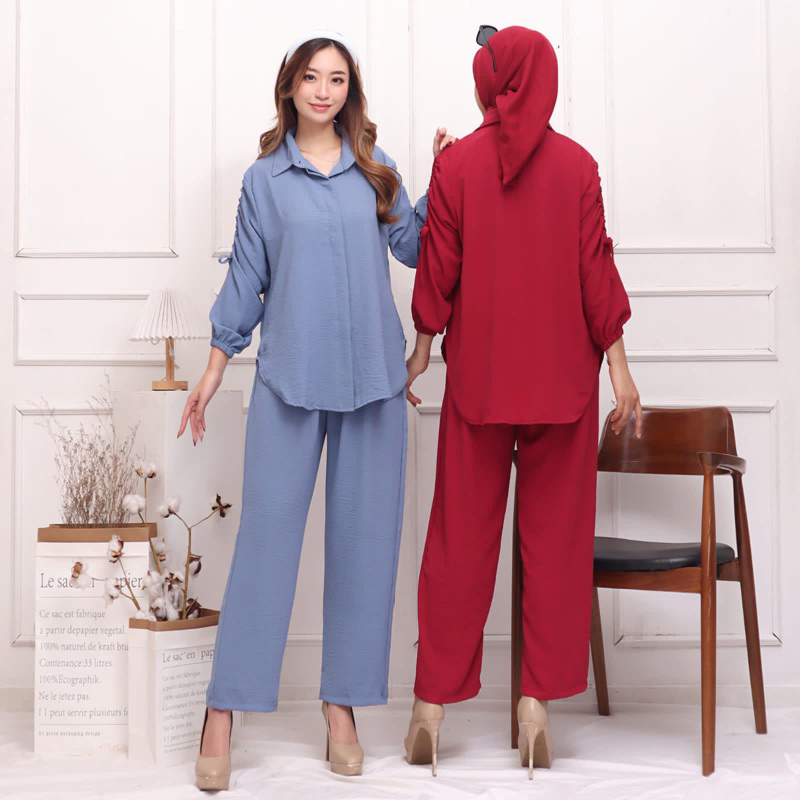 ONE SET CRINKLE VINO SETCEL STELAN JUMBO BUSUI KANCING DEPAN GROSIR PGMTA MURAH POLOS LEBARAN