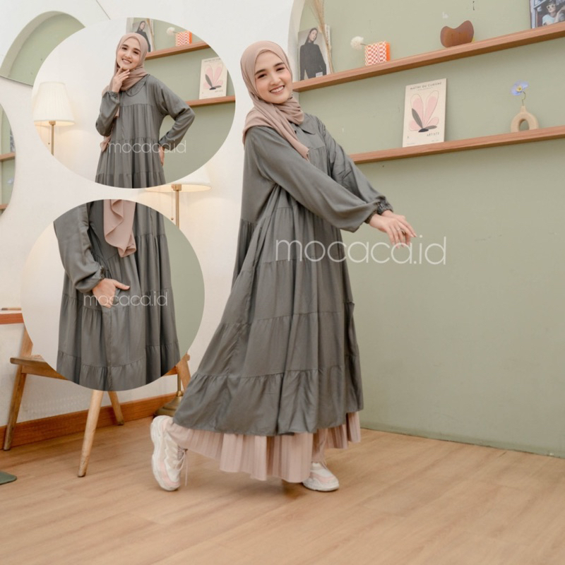 Midi Dress 5 Susun Busui Kerah Collar - smoke grey abu