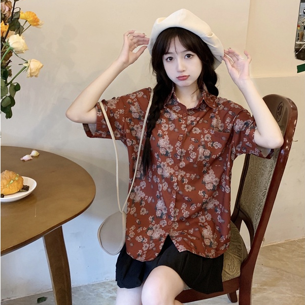 Blouse kemeja hitam kemeja tabir surya tipis wanita dicetak kemeja lengan panjang retro musim gugur