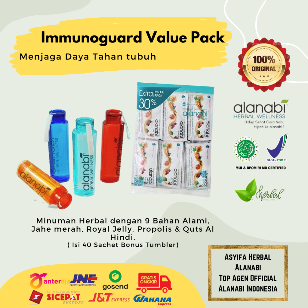 

Alanabi Fitme Value Pack 15 ml (isi 40 sachet x 15ml) / Minuman Herbal Rempah Alanabi Alami untuk Daya Tahan Kesehatan Tubuh Value Pack free Tumbler