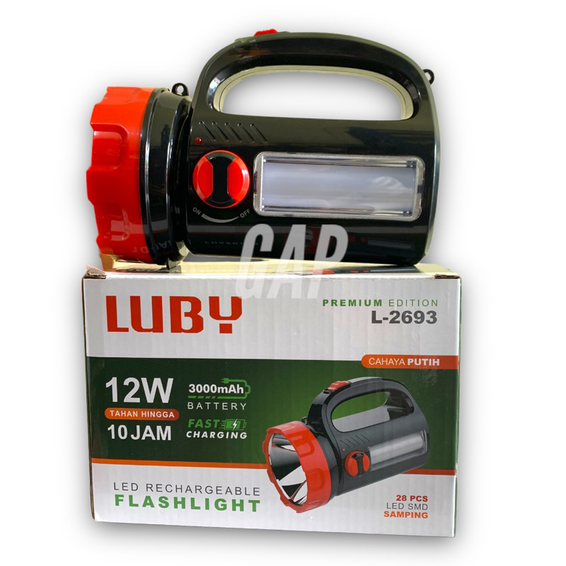 Senter Luby 12 watt Tahan Hingga 10 Jam Baterai Cas Ulang Cepat L 2693 Lampu Emergency LED