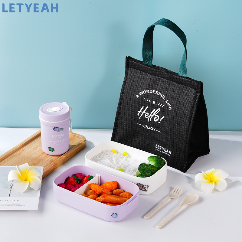 letyeah Kotak makan set DIY sticker lunch box set tas 1600ml tempat bekal makan anti tumpah dan cangkir sup /BPA Free