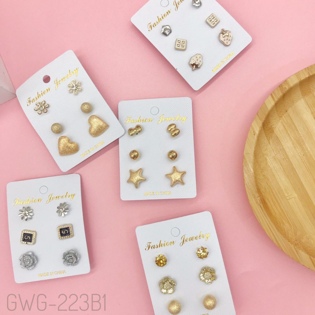 Giwang / anting gold set 3 pasang stainless steel rhodium gw3